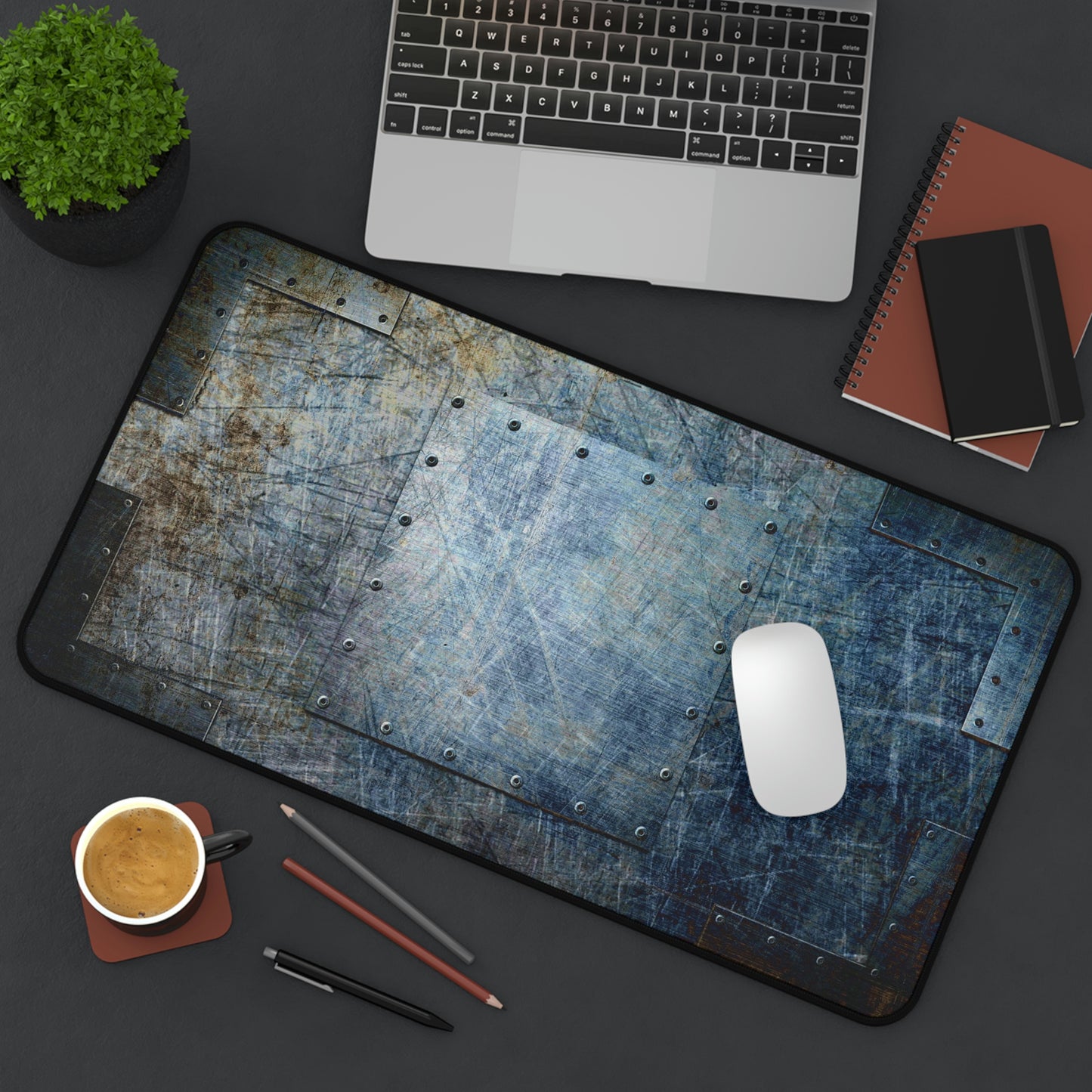 Steampunk Themed Desk Accessories - Distressed, Blued Steel Sheets on Neoprene Desk Mat 12 by 22 on desk