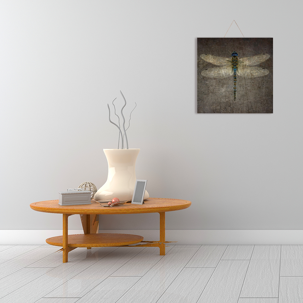 Dragonfly Wall Decor Dragonfly on Distressed Grey Background Print on Wooden Plaque hung above table