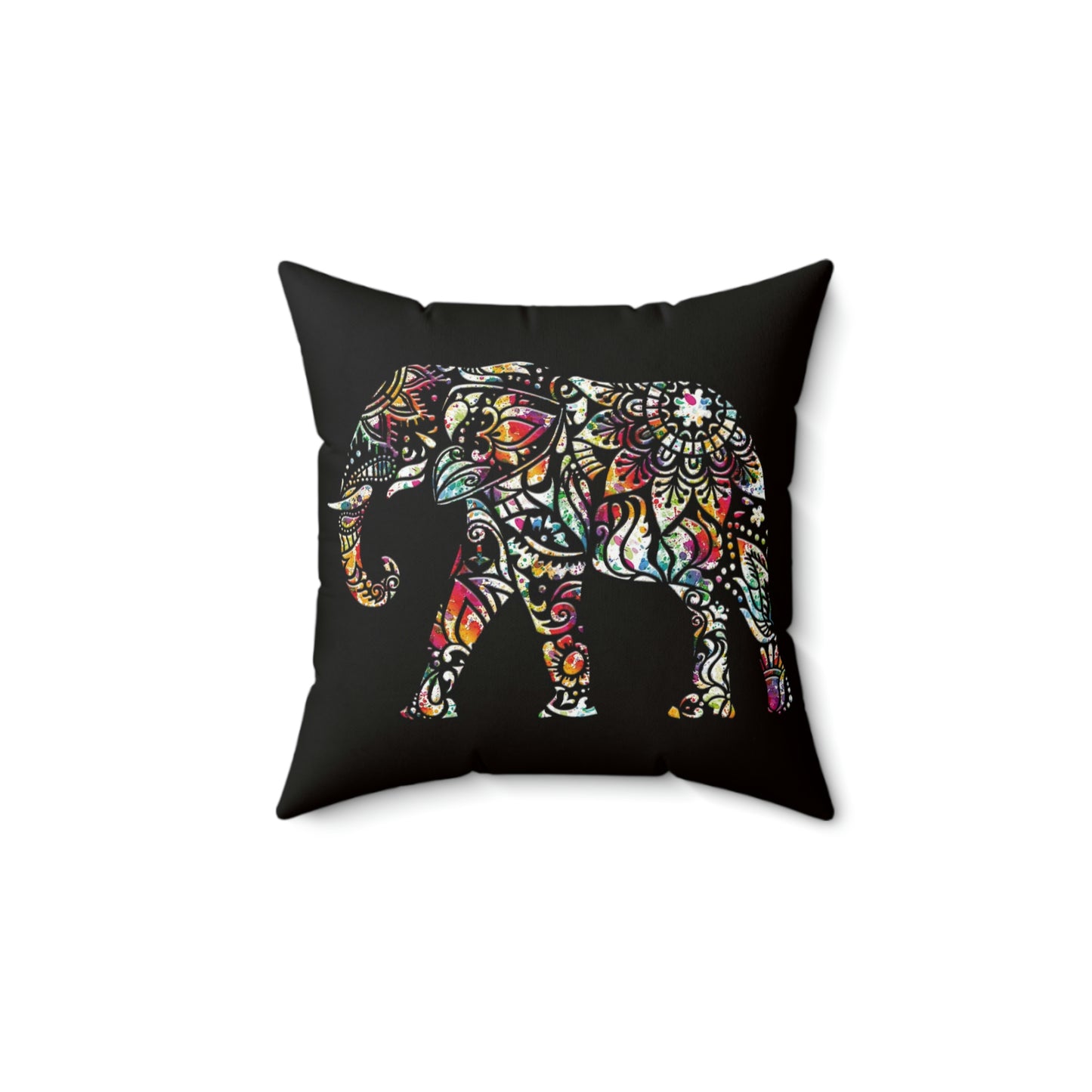 Multicolor Indian Elephant Mandala Style on Black Background Spun Polyester Square Pillow Front