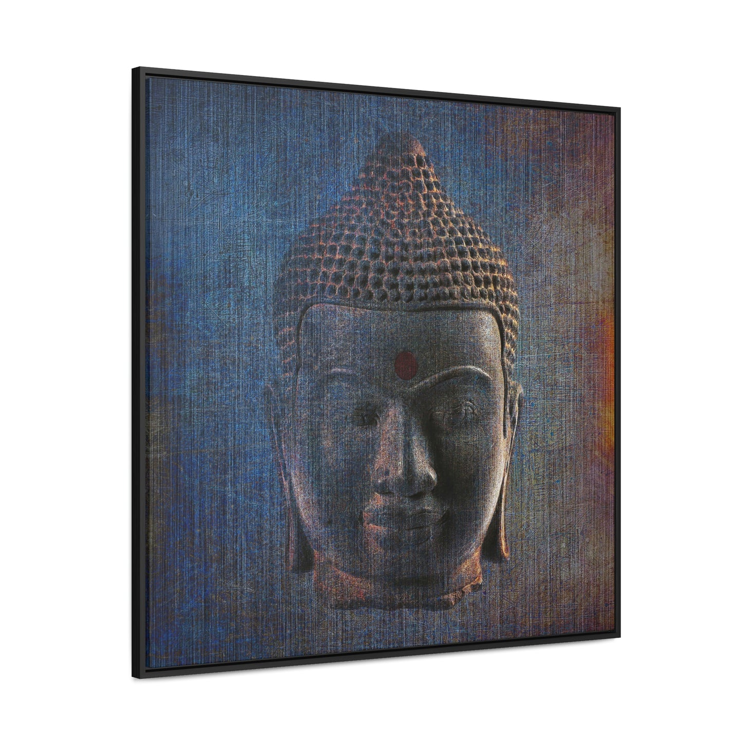Modern Art - Distressed Blue Buddha Head Print on Square Canvas in a Floating Frame