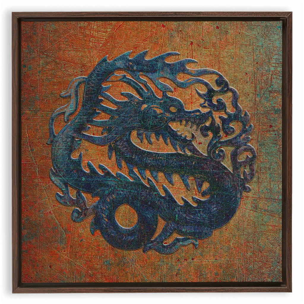 Blue Chinese Dragon on Distressed Stone Background Floating Frame Canvas