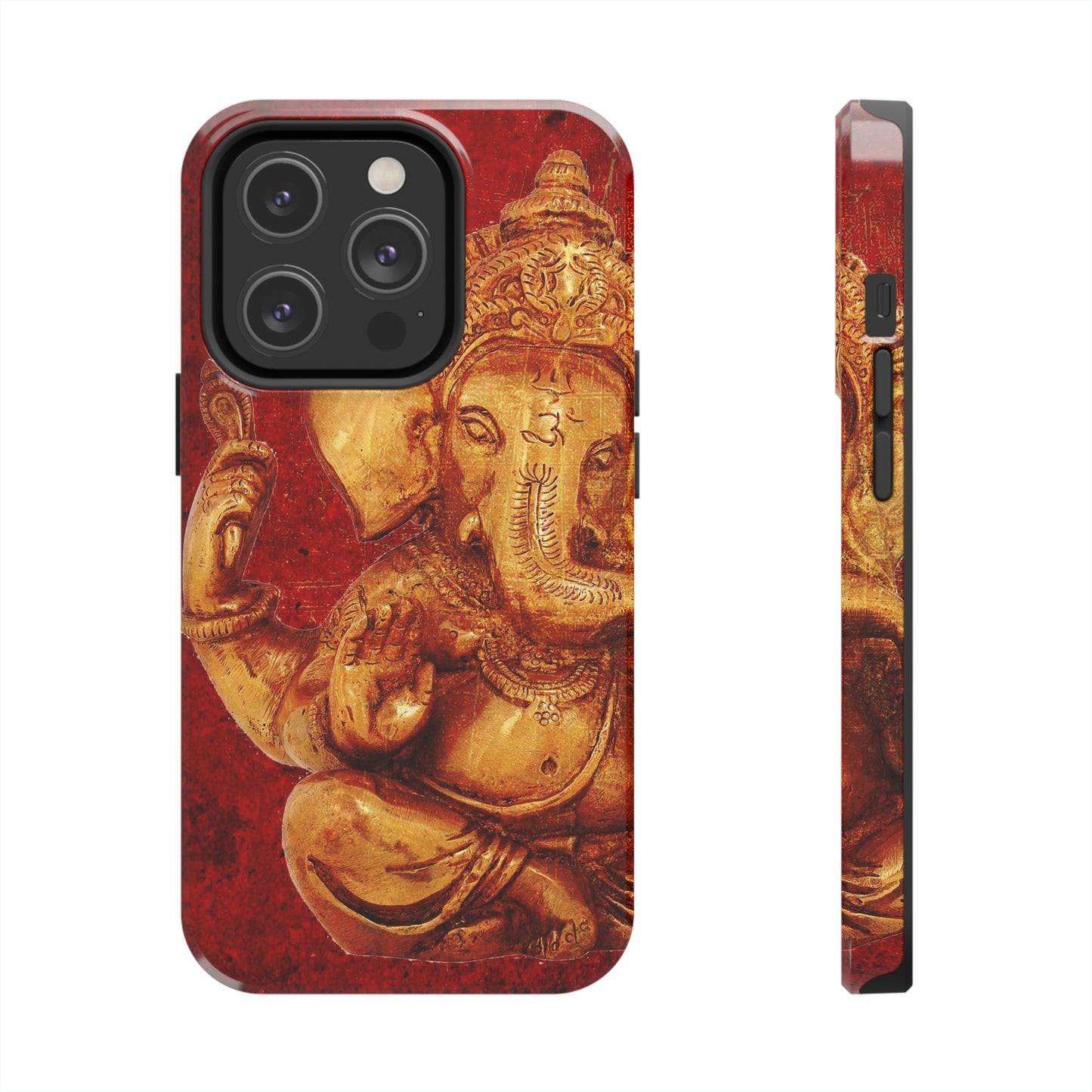 Ganesh Themed Tough Case for iPhone 14 - Gold Ganesha on Lava Red Print Phone Case for iPhone 14