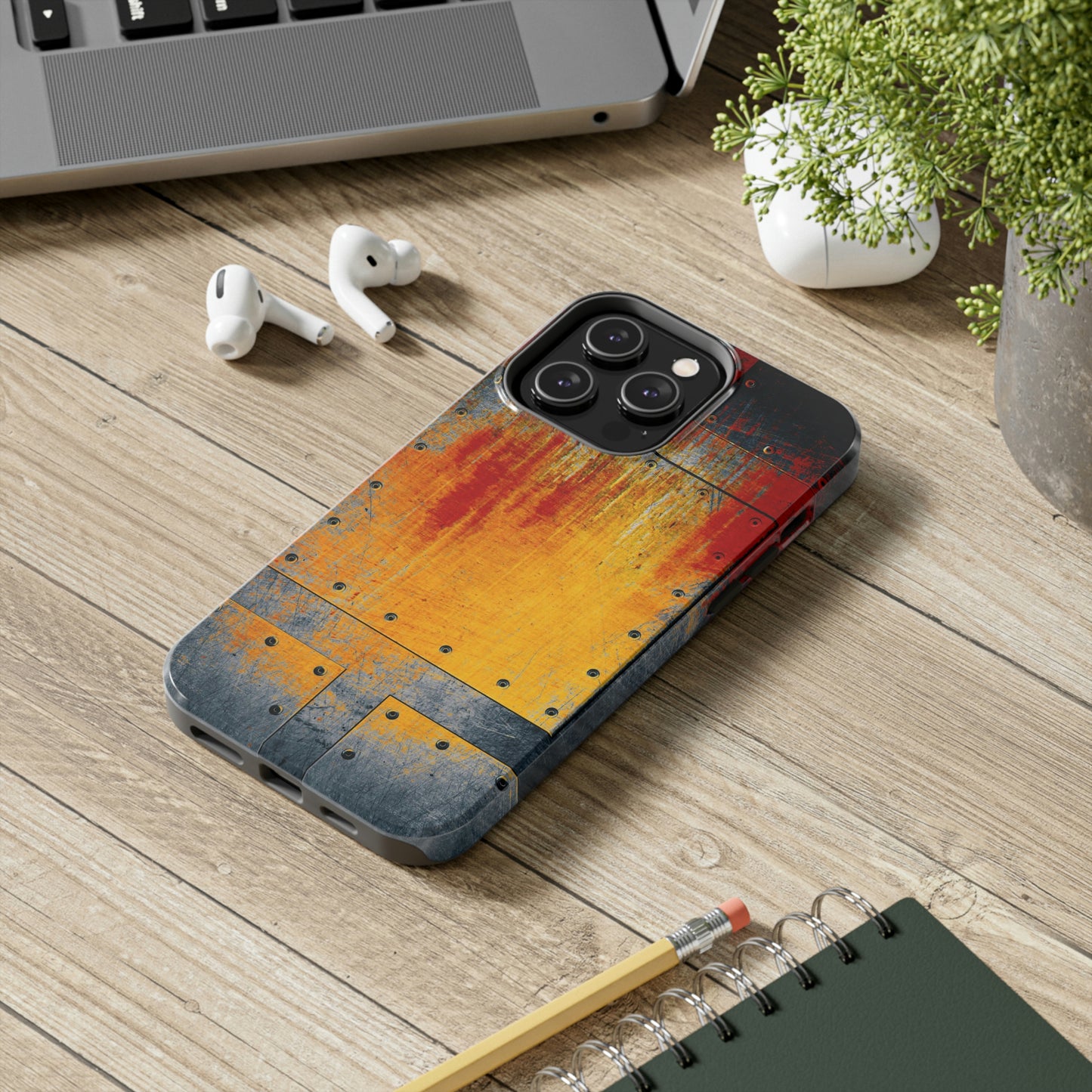 Steampunk Themed Tough Case for iPhone 14 - Rust and Paint on Riveted Metal Plate Print