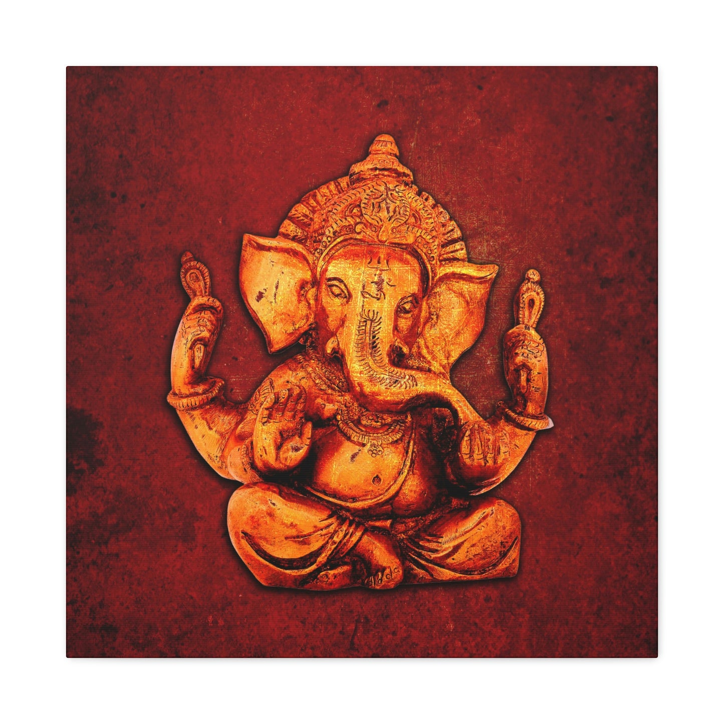 Hinduism Themed Wall Art - Ganesha on a Distressed Lava Red Background Print on Unframed Stretched Canvas