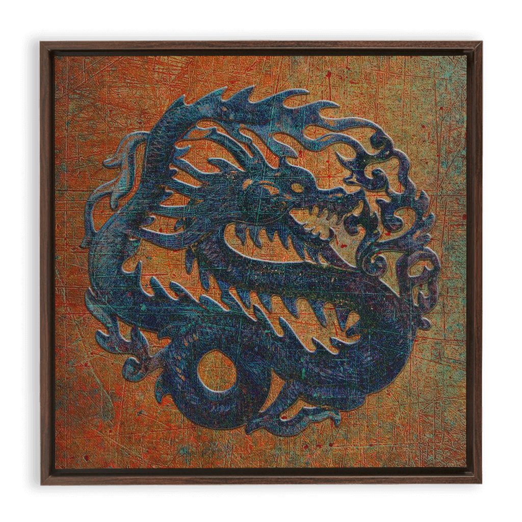 Blue Chinese Dragon on Distressed Stone Background Floating Frame Canvas