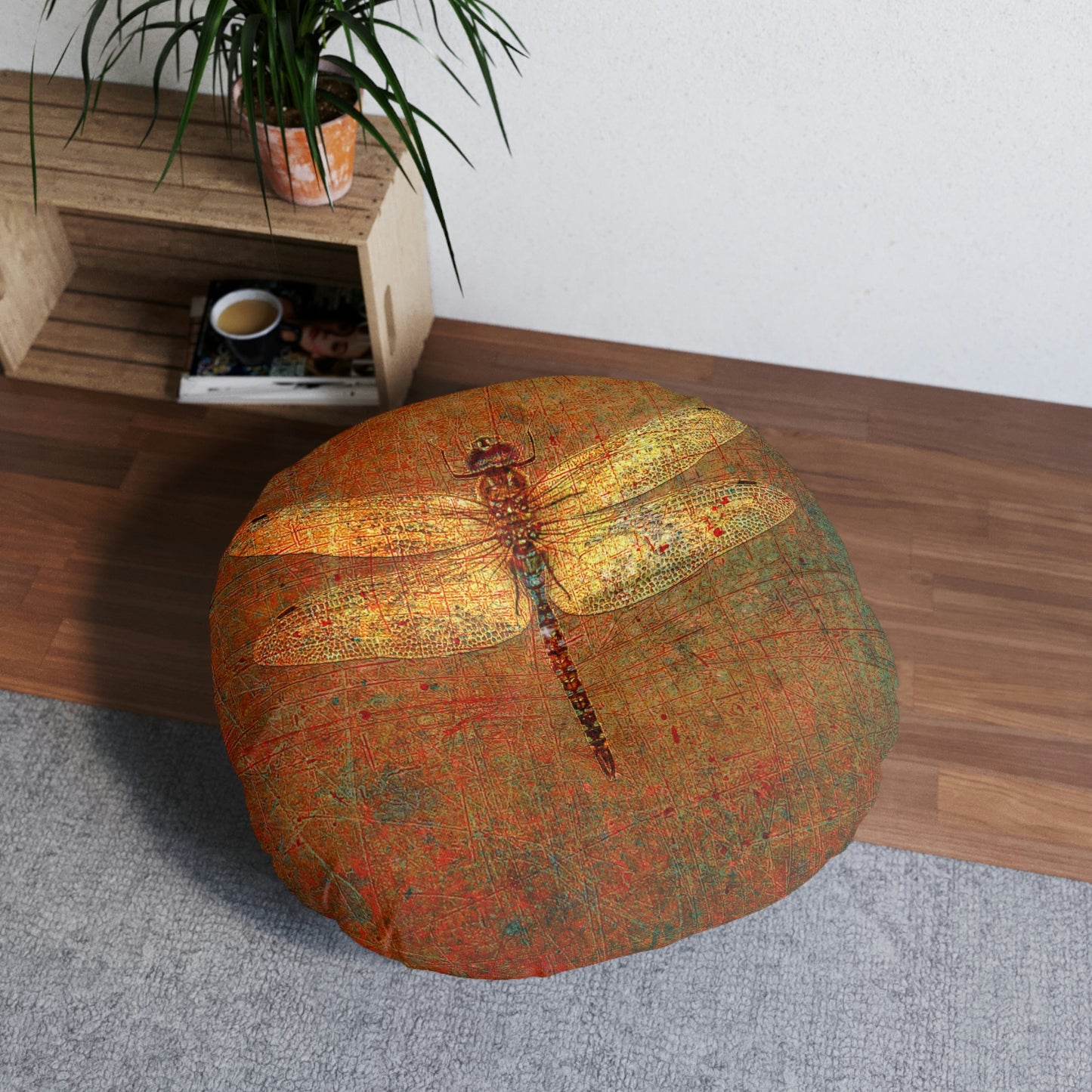 Dragonfly on Brown Stone Background Print on 2 Sided Round Tufted Floor Pillow front side on floor