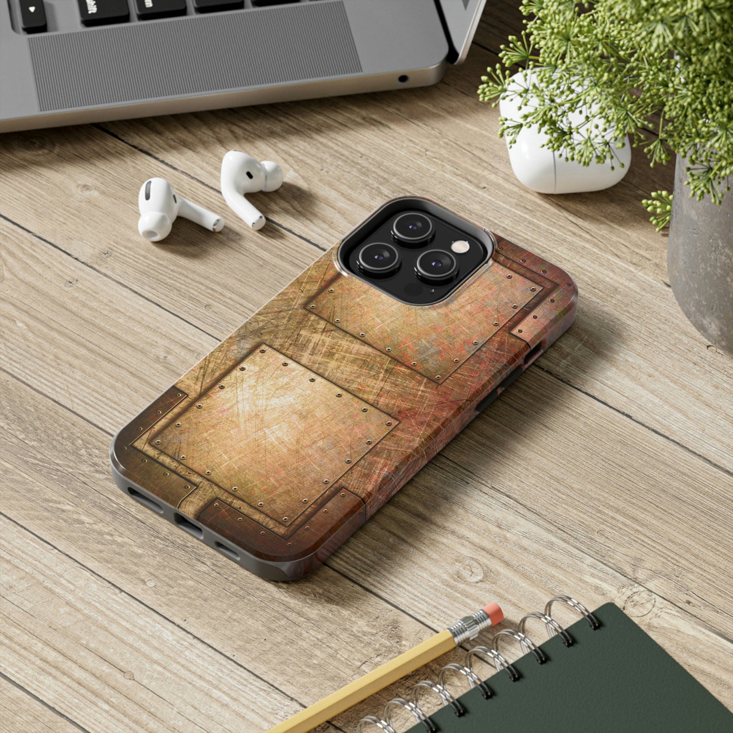 Industrial Look Tough Case for iPhone 14 - Distressed Riveted Copper Plates Print Phone Case