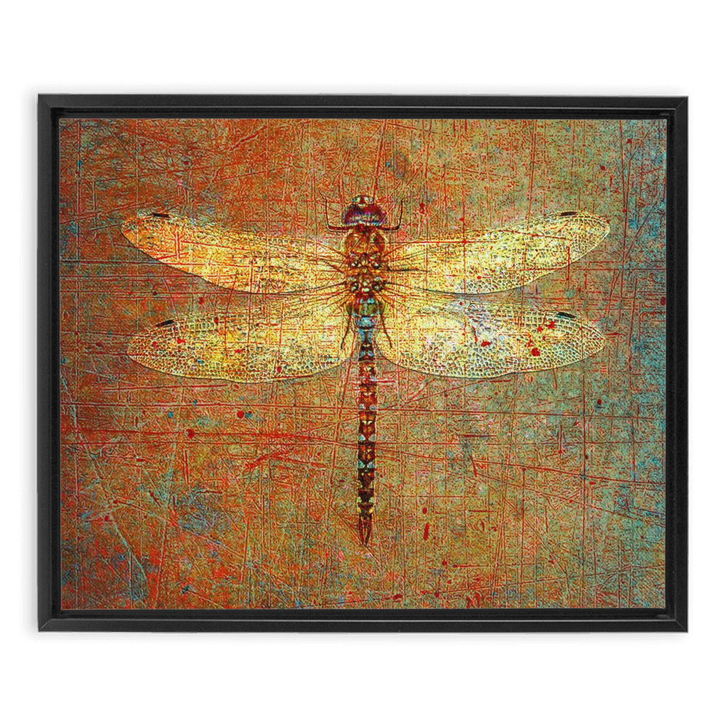 Golden Dragonfly on Distressed Stone Background Floating Frame Canvas