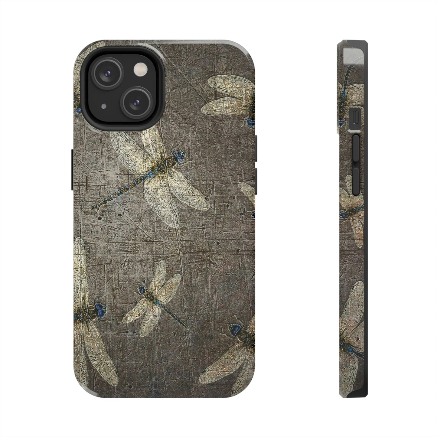 Dragonflies Print Tough Case for iPhone 14- Flight of Dragonflies on Distressed Gray Stone Print.