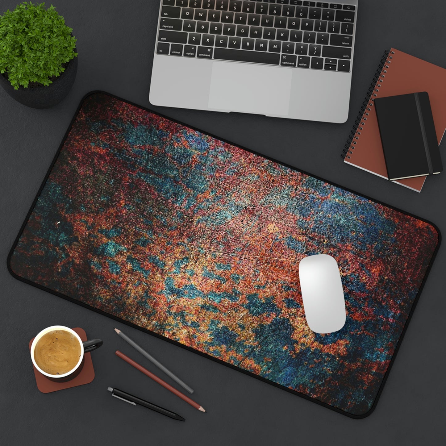 Modern Art Themed Desk Accessories - Rust on Metal Print on Neoprene Desk Mat 12 by 22 on desk