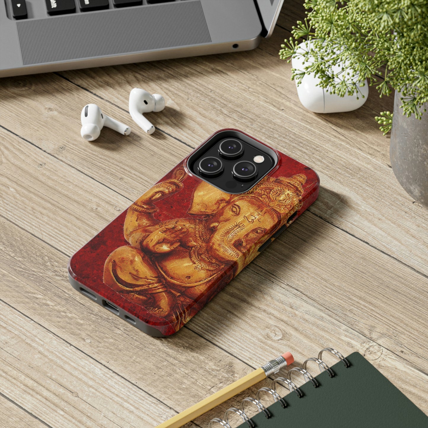 Ganesh Themed Tough Case for iPhone 14 - Gold Ganesha on Lava Red Print Phone Case for iPhone 14