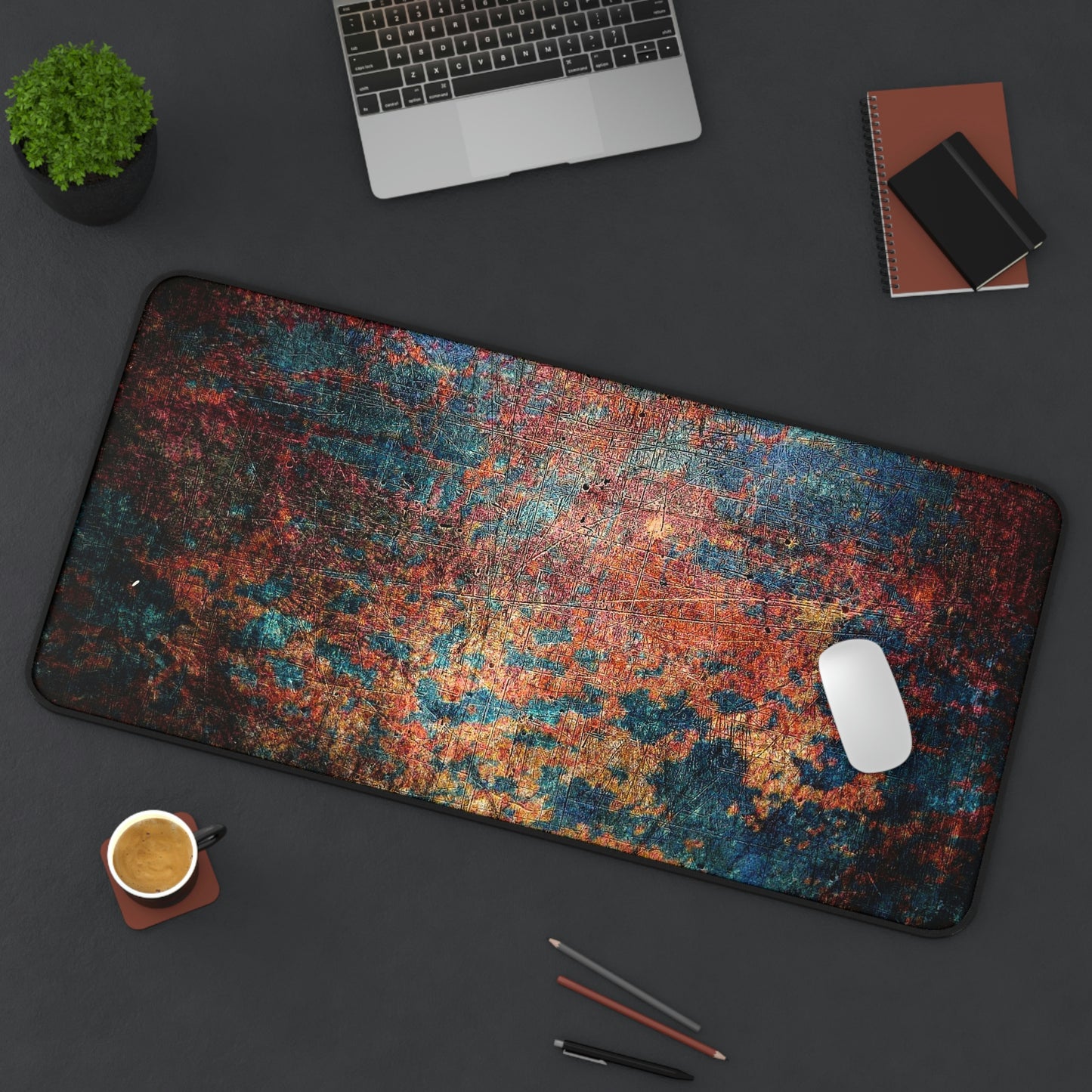 Modern Art Themed Desk Accessories - Rust on Metal Print on Neoprene Desk Mat 15.5 by 31 in situ