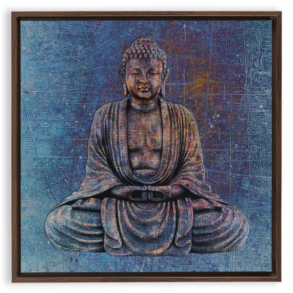 Sitting Buddha on Distressed Stone With Blue Hues Floating Frame Canvas