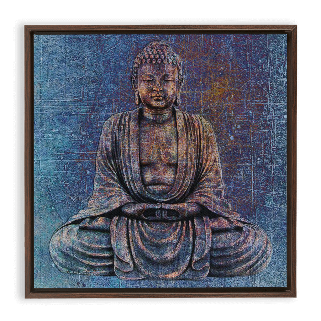 Sitting Buddha on Distressed Stone With Blue Hues Floating Frame Canvas