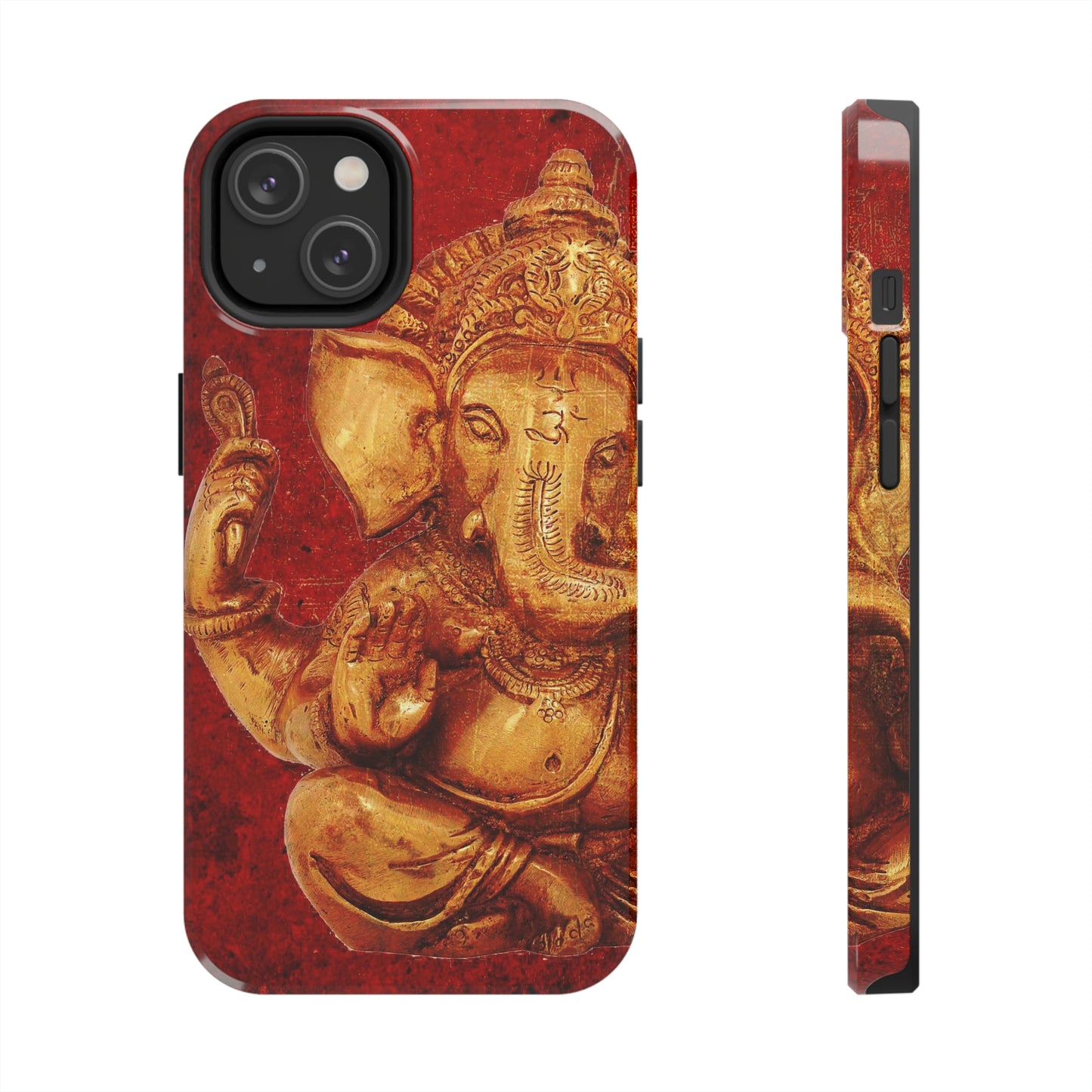 Ganesh Themed Tough Case for iPhone 14 - Gold Ganesha on Lava Red Print Phone Case for iPhone 14