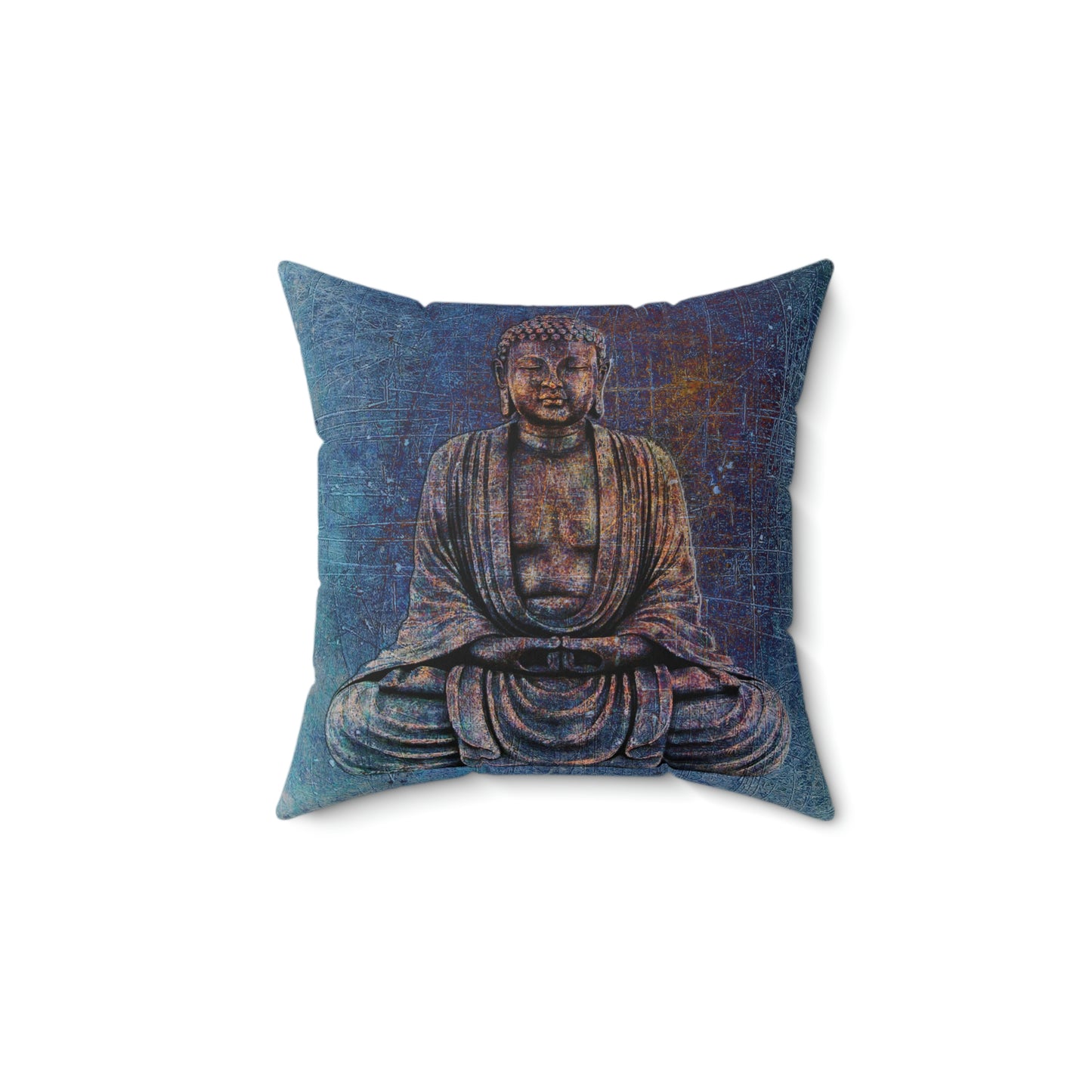 Buddha Themed home Decor. Sitting Buddha On Distressed Stone With Blue Hues Spun Polyester Square Pillow - 4 sizes available.
