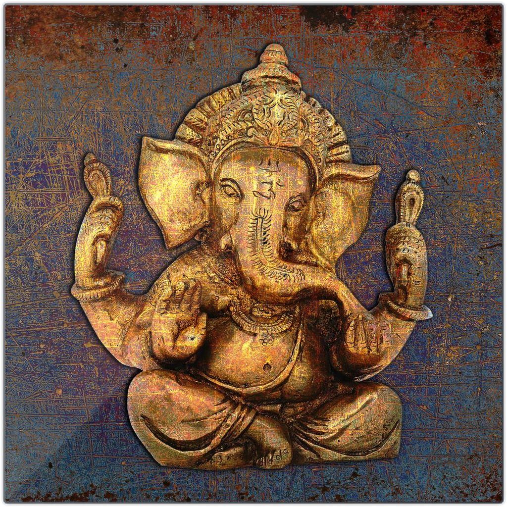 Ganesha on Distressed Purple and Orange Background Printed on Recycled Aluminum 16x16