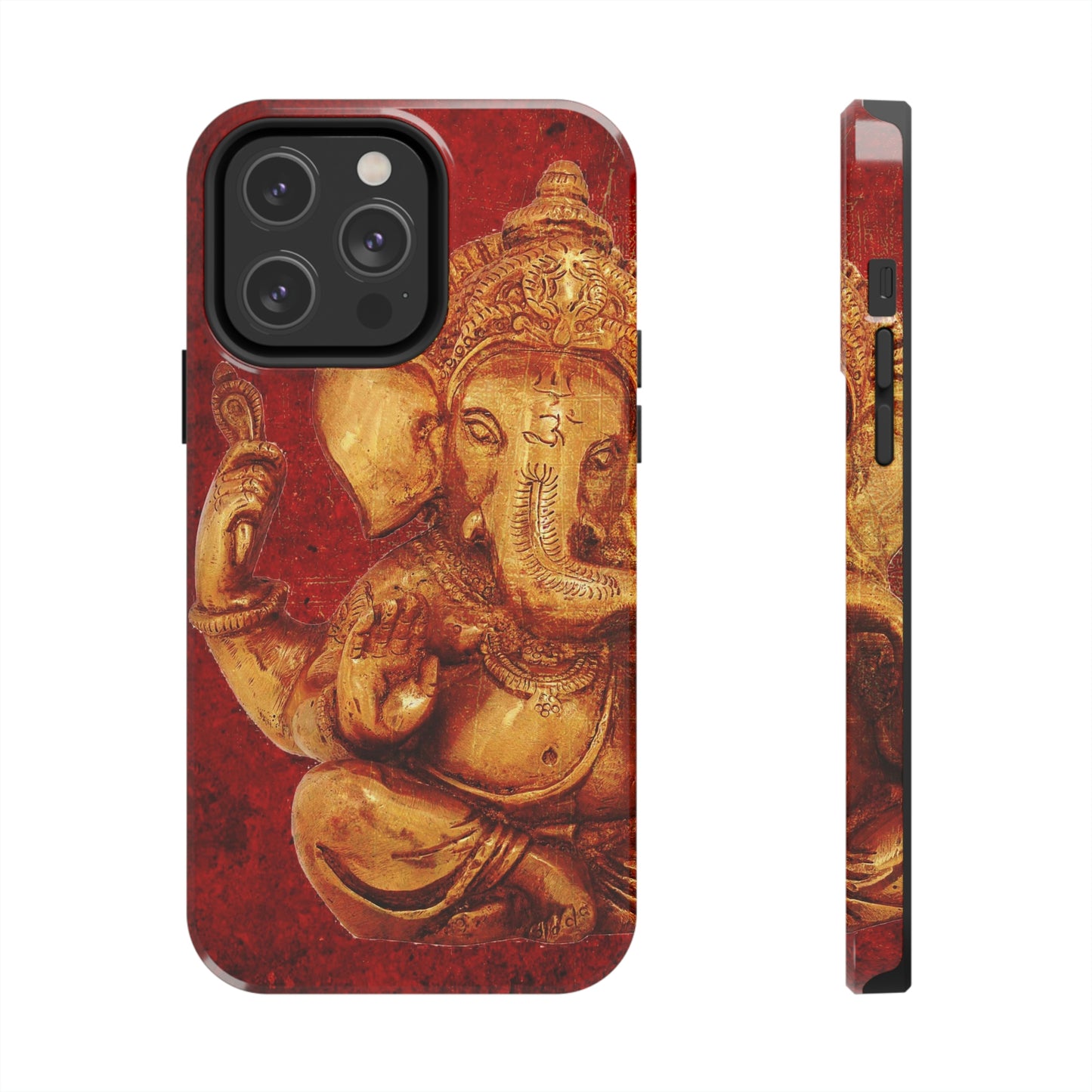 Ganesh Themed Tough Case for iPhone 14 - Gold Ganesha on Lava Red Print Phone Case for iPhone 14