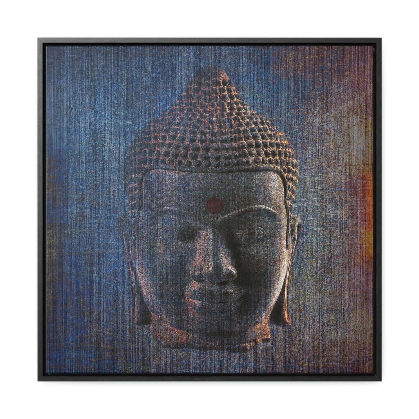 Modern Art - Distressed Blue Buddha Head Print on Square Canvas in a Floating Frame