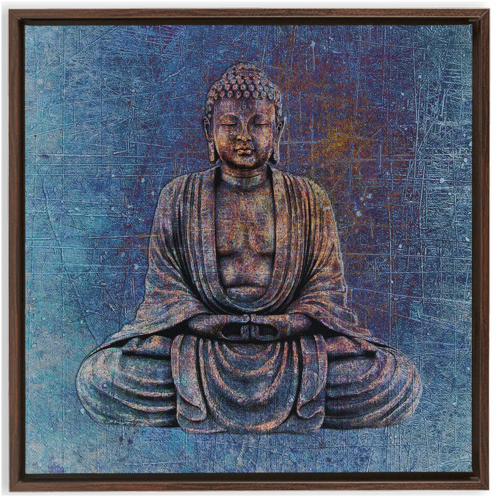 Sitting Buddha on Distressed Stone With Blue Hues Floating Frame Canvas