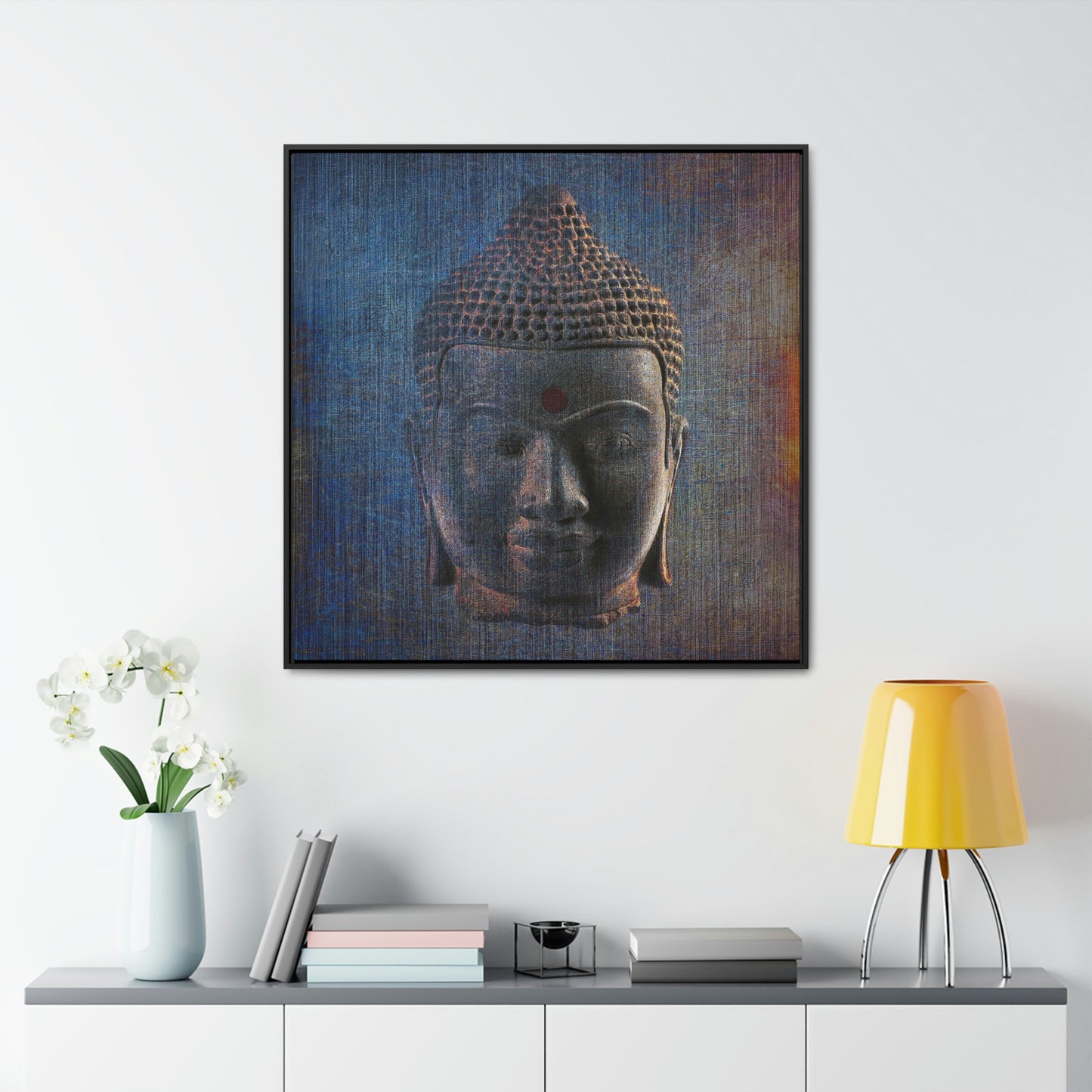 Modern Art - Distressed Blue Buddha Head Print on Square Canvas in a Floating Frame