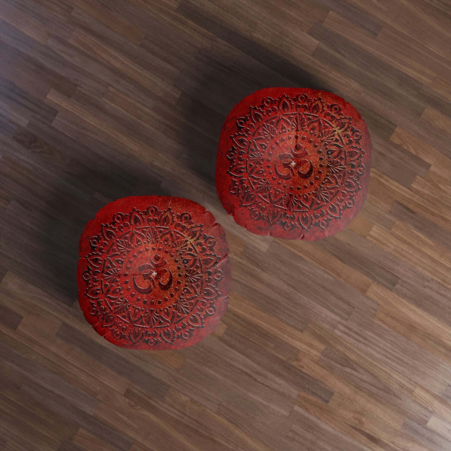 Mandala Style Om Symbol on Lava Red Background Print on Round Tufted Floor Pillow.