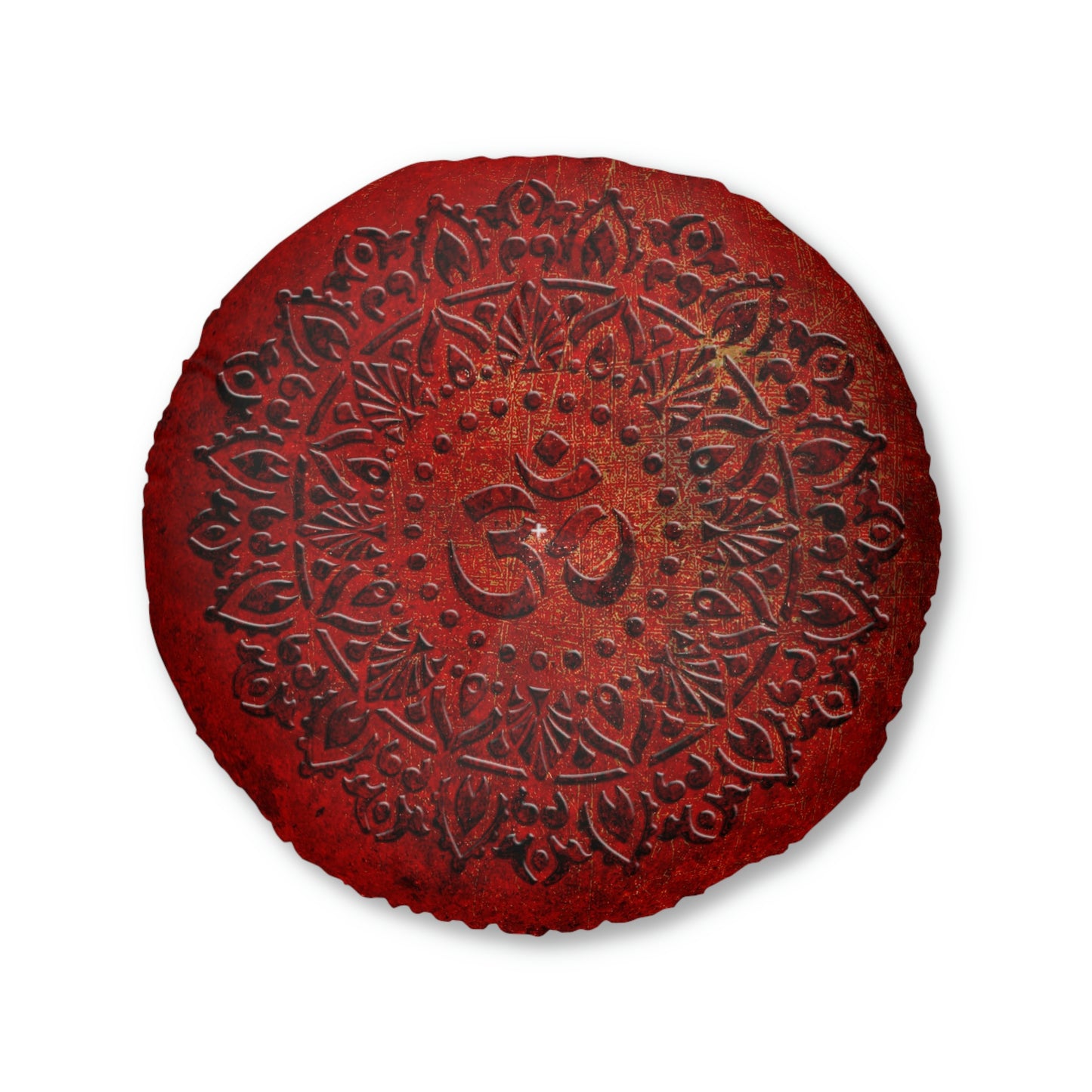 Mandala Style Om Symbol on Lava Red Background Print on Round Tufted Floor Pillow.
