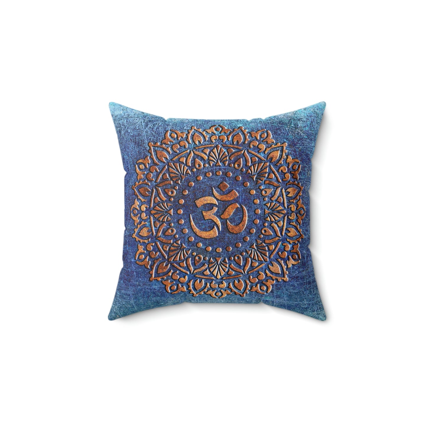 Copper Color Ohm Symbol Mandala Style Print on Distressed Blue Background Spun Polyester Square Pillow - 3 sizes available