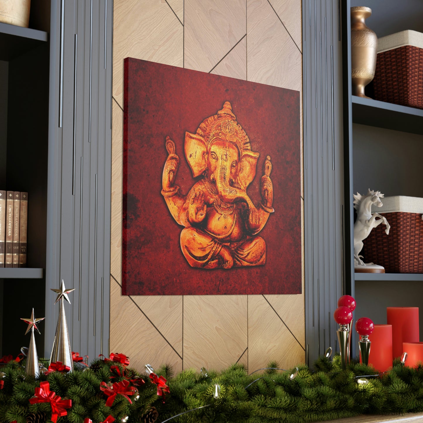 Ganesha on a Distressed Lava Red Background Print on Unframed Stretched Canvas above mantle