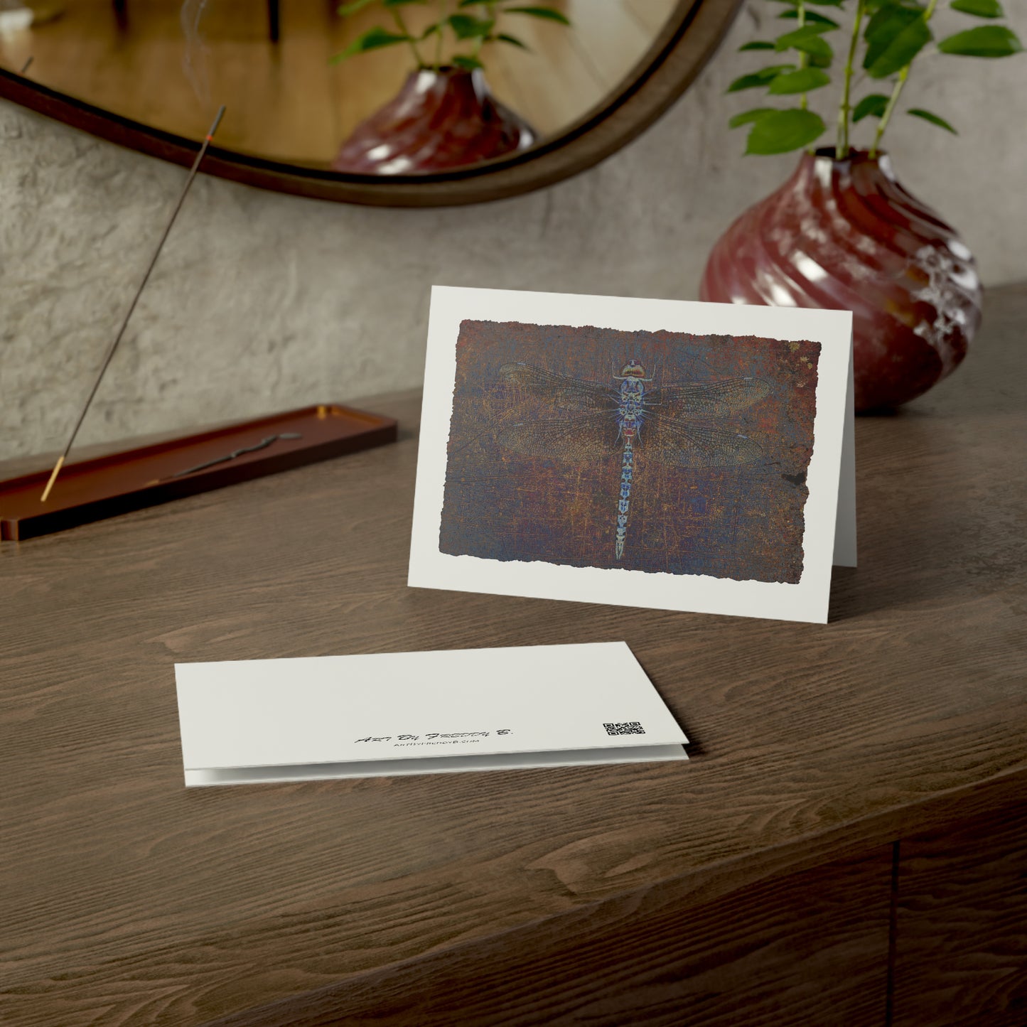 Dragonfly Print Greeting Cards Purple Dragonfly Stationery and Blank Cards on table