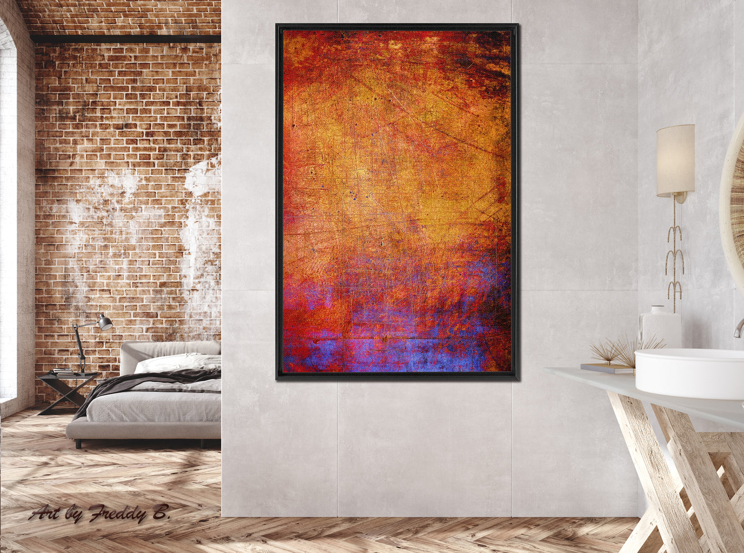 Modern and Abstract Art Print - Blue and Gold Distressed Concrete Slab Vertical Print on Canvas in a Floating Frame hung in modern room