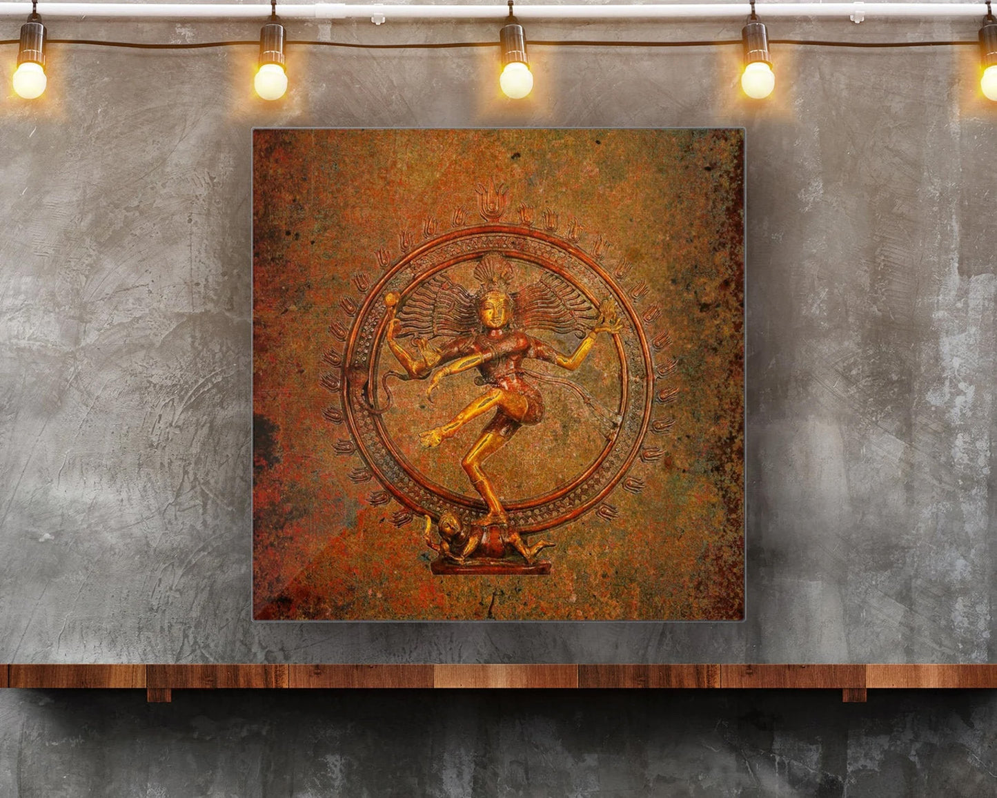 Shiva on a Distressed Background Printed on Eco-Friendly Recycled Aluminum hung on wall