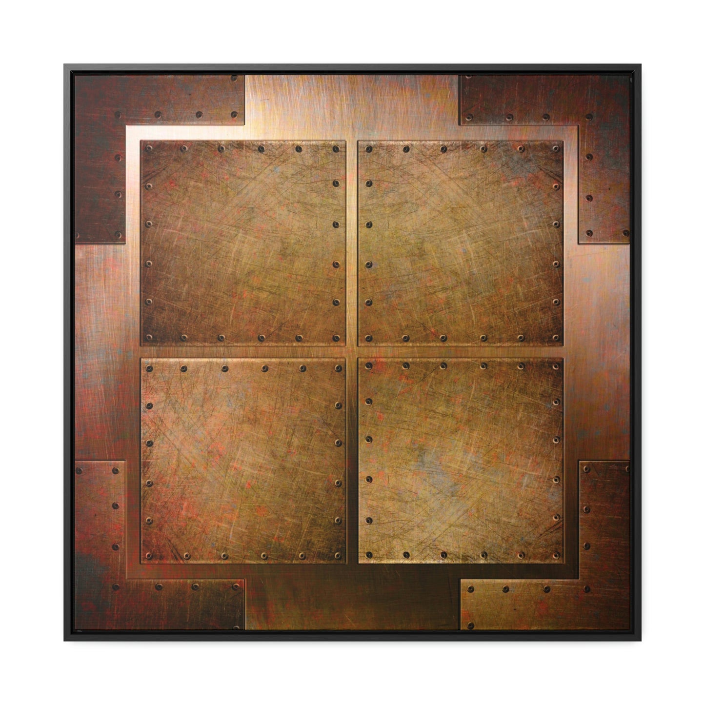 Steampunk Themed Framed Wall Art - Distressed, Riveted Copper Sheets Print on Canvas in a Floating Frame