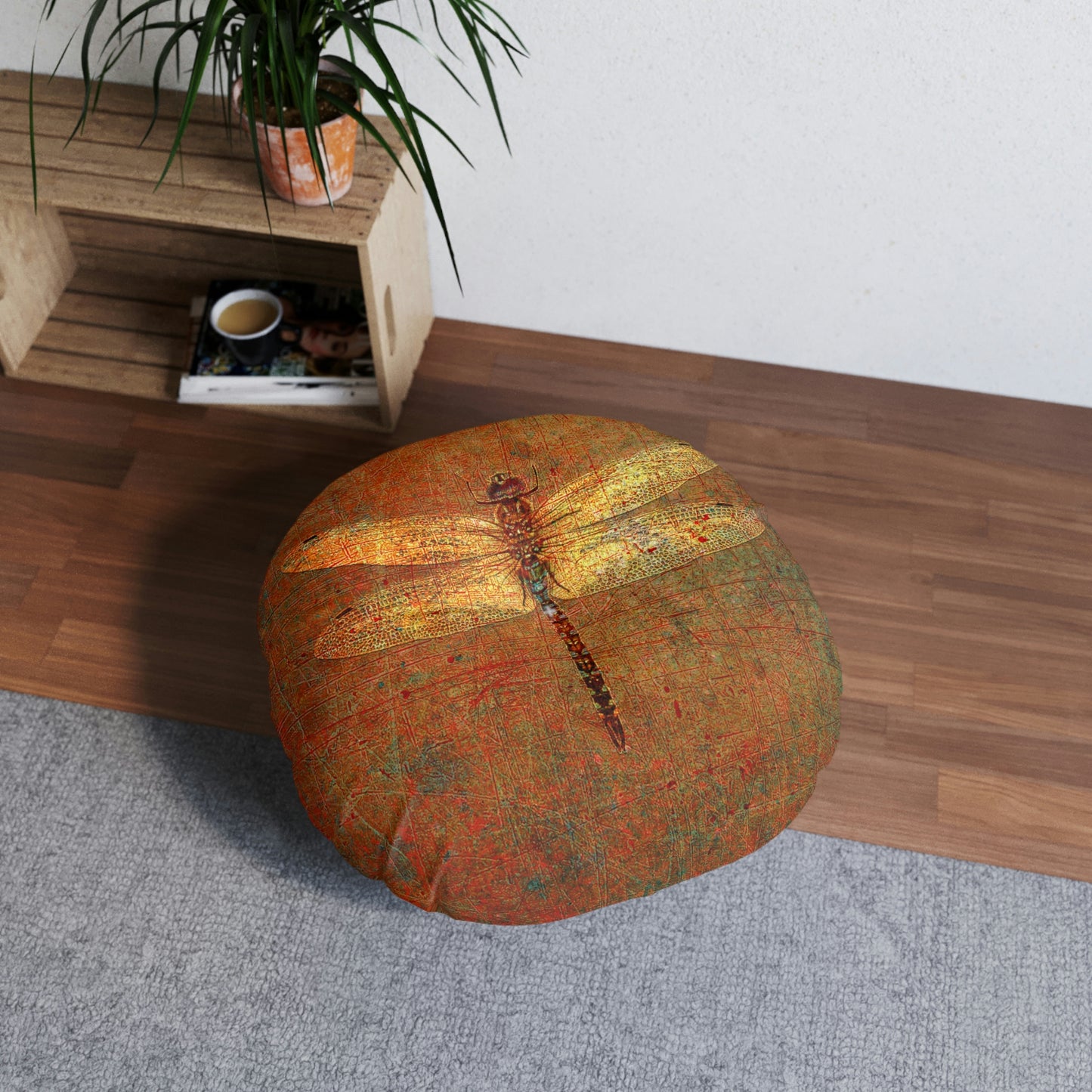 Dragonfly on Brown Stone Background Print on 2 Sided Round Tufted Floor Pillow