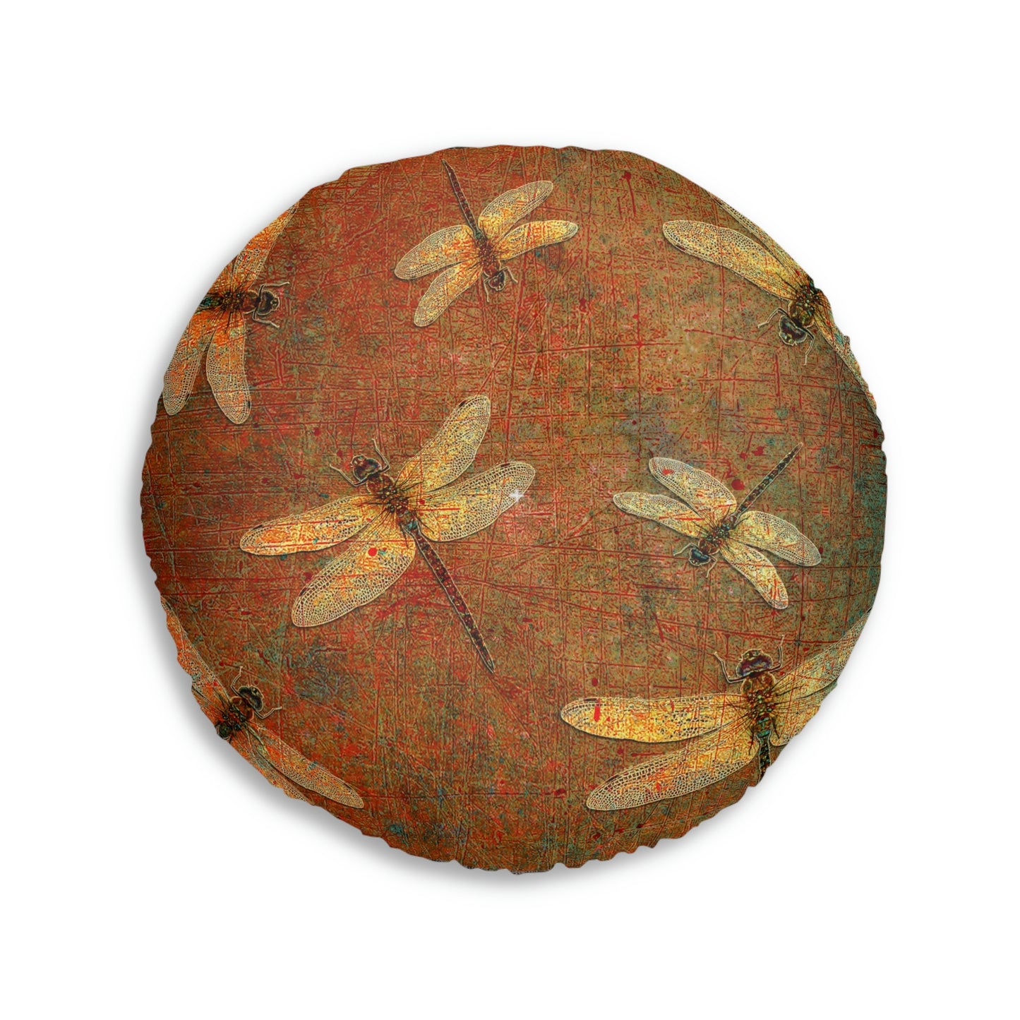 Dragonfly on Brown Stone Background Print on 2 Sided Round Tufted Floor Pillow