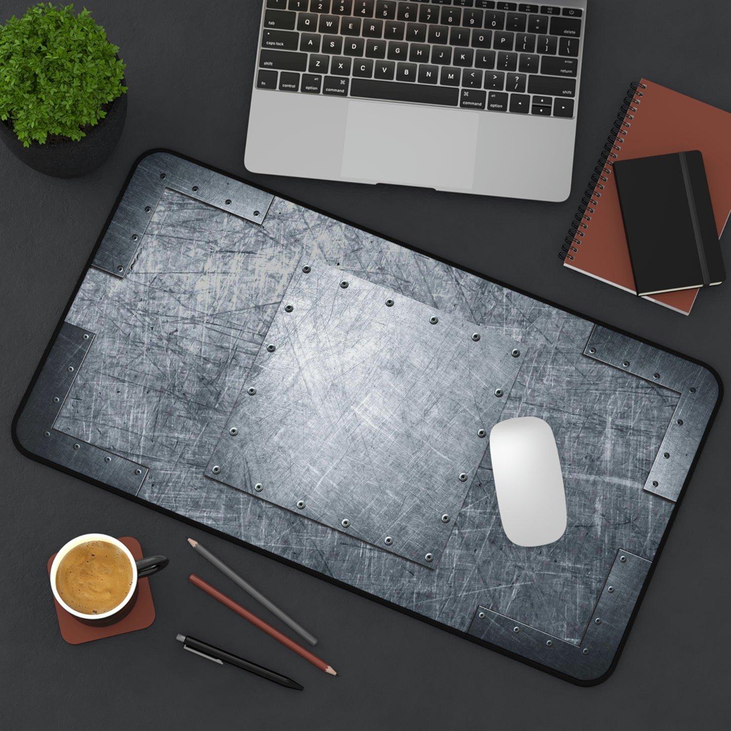 Industrial Themed Desk Accessories - Riveted Steel Sheets Print on Neoprene Desk Mat 12 by 22 on desk