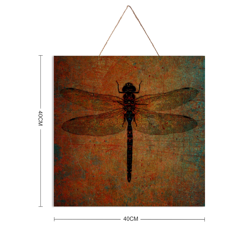 Dragonfly on Distressed Brown Background Print on Wooden Plaque with dimensions
