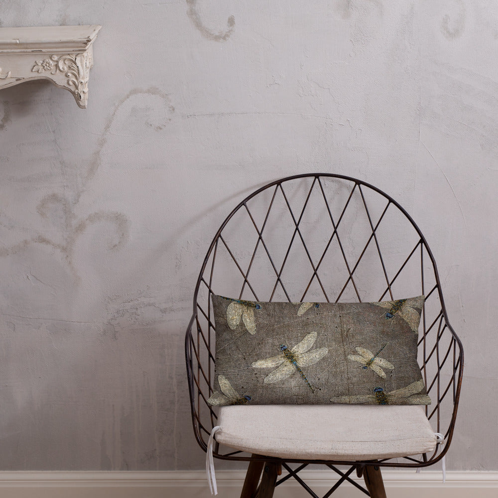 Double Sided Dragonflies Themed Premium Lumbar Pillow 20x12 - Dragonflies on Distressed Background Print