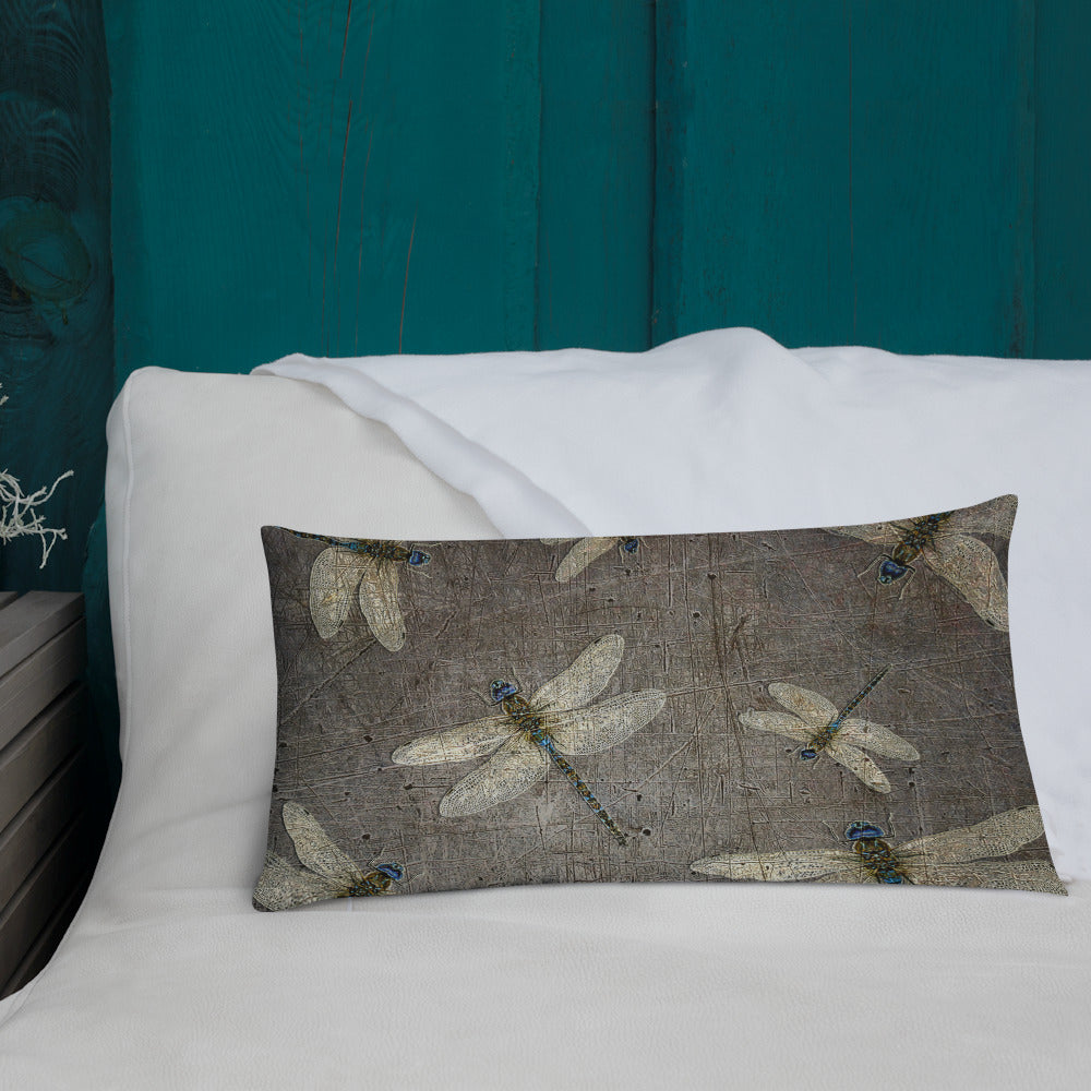Double Sided Dragonflies Themed Premium Lumbar Pillow 20x12 - Dragonflies on Distressed Background Print