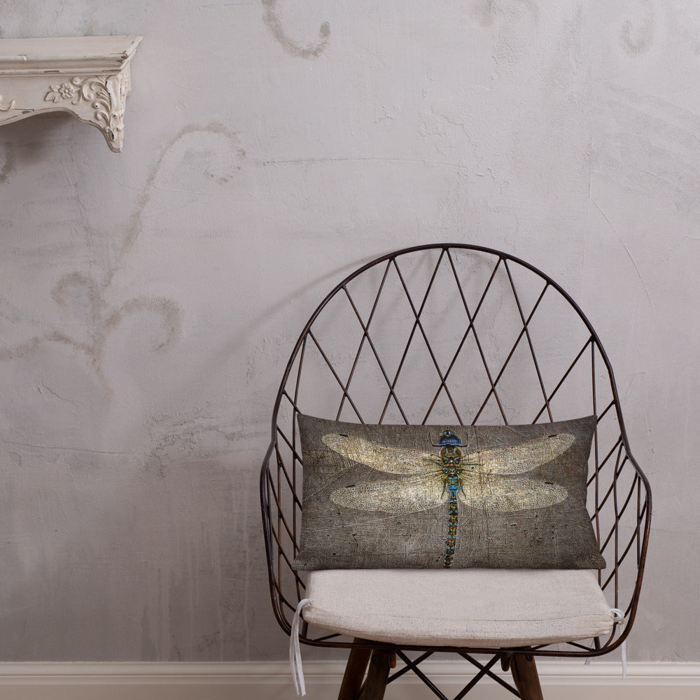 Double Sided Dragonflies Themed Premium Lumbar Pillow 20x12 - Dragonflies on Distressed Background Print
