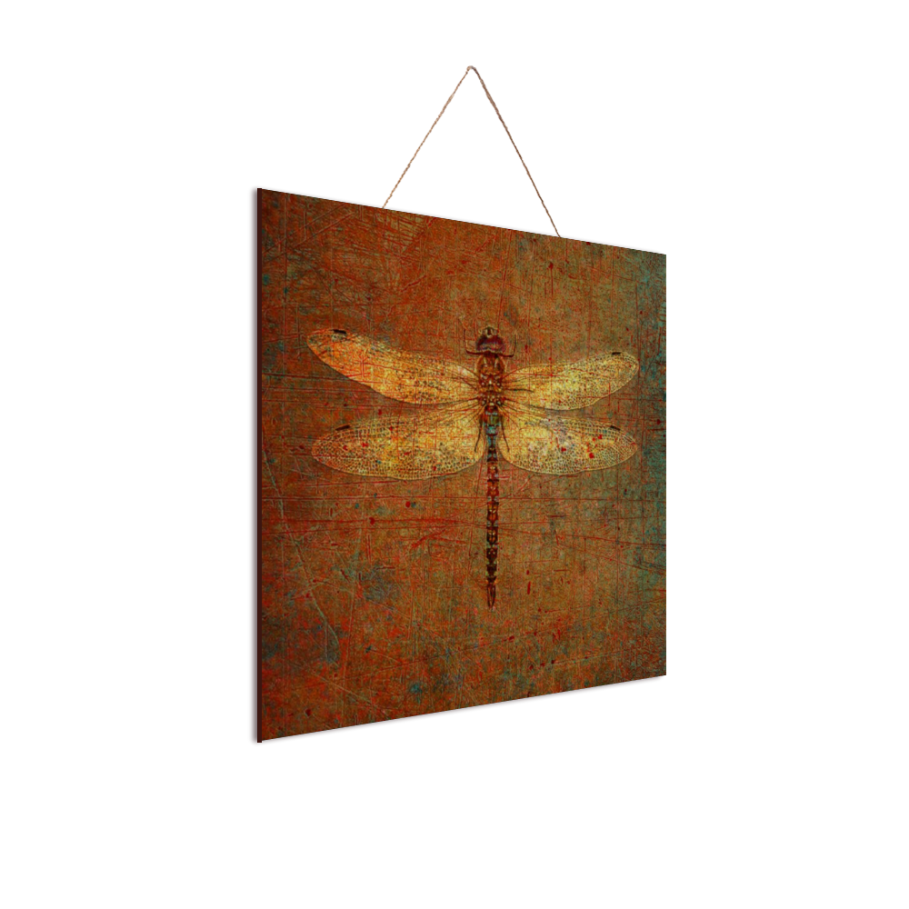 Dragonfly Wall Decor - Golden Dragonfly on Distressed Brown Background Print on Wooden Plaque side view