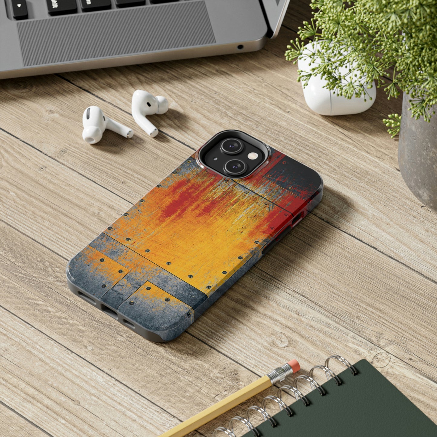 Steampunk Themed Tough Case for iPhone 14 - Rust and Paint on Riveted Metal Plate Print