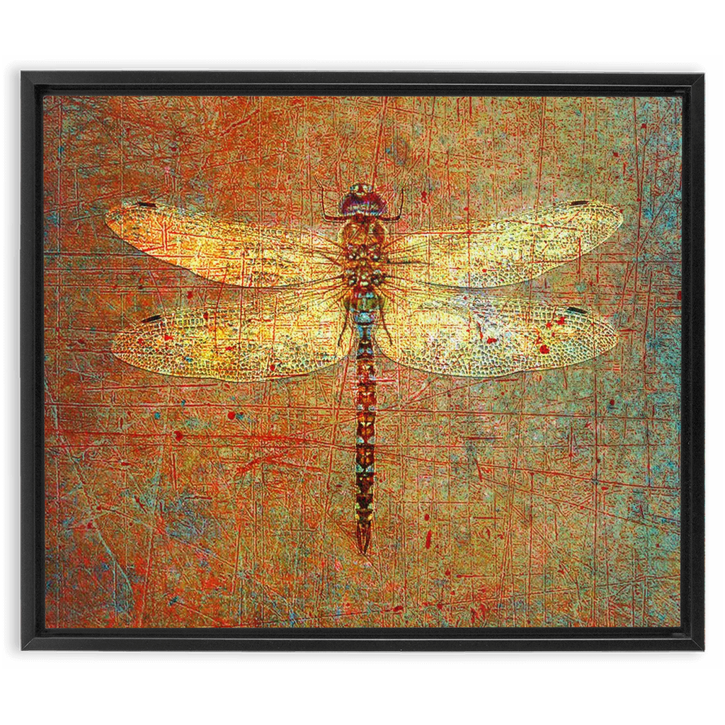 Golden Dragonfly on Distressed Stone Background Floating Frame Canvas