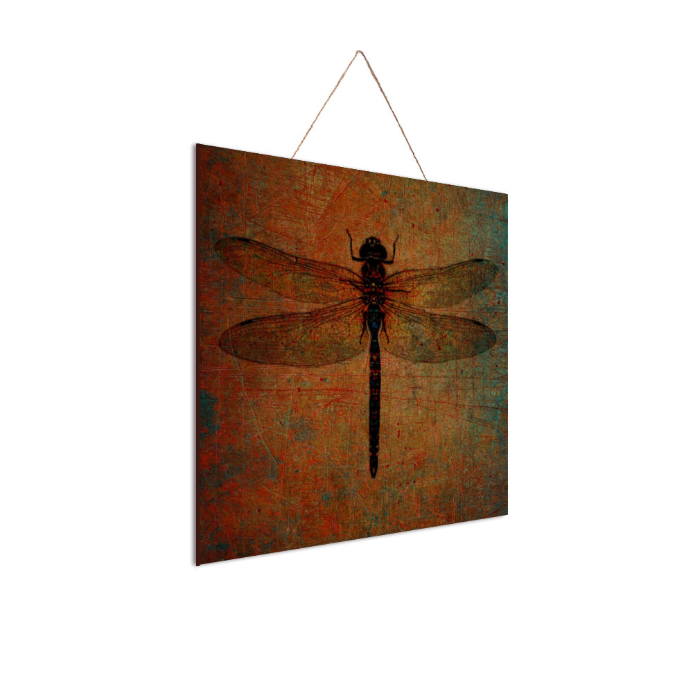 Dragonfly on Distressed Brown Background Print on Wooden Plaque side view