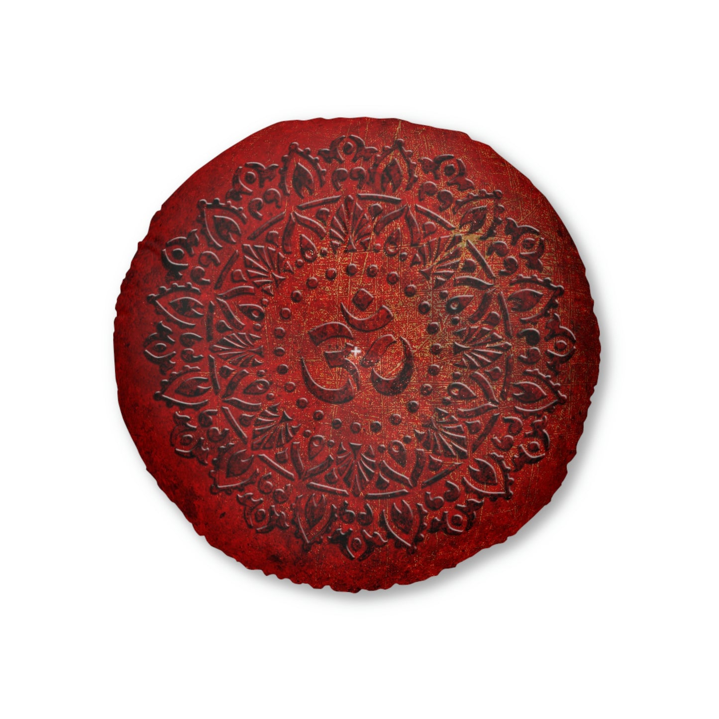 Mandala Style Om Symbol on Lava Red Background Print on Round Tufted Floor Pillow.