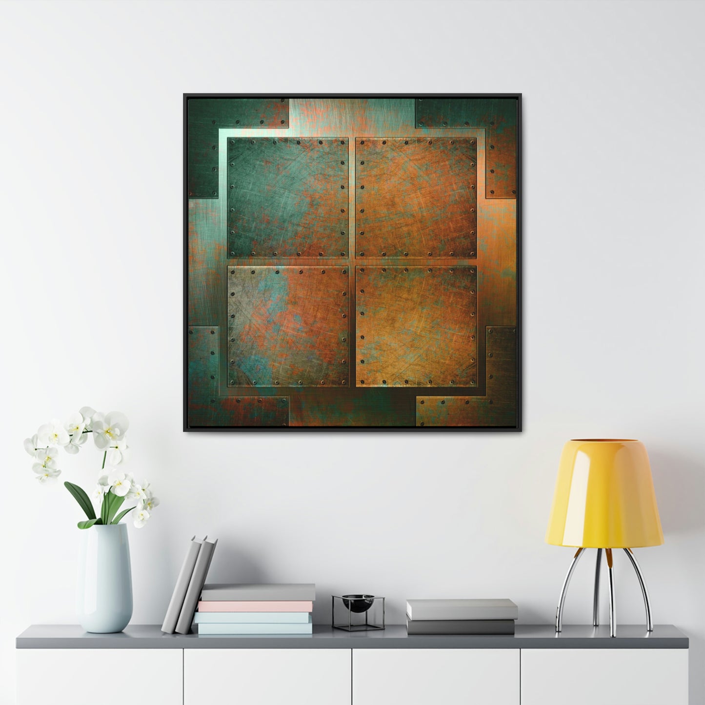 Steampunk Themed Wall Decor - Patinated, Riveted Copper Sheets Print on Canvas in a Floating Frame hung on white wall