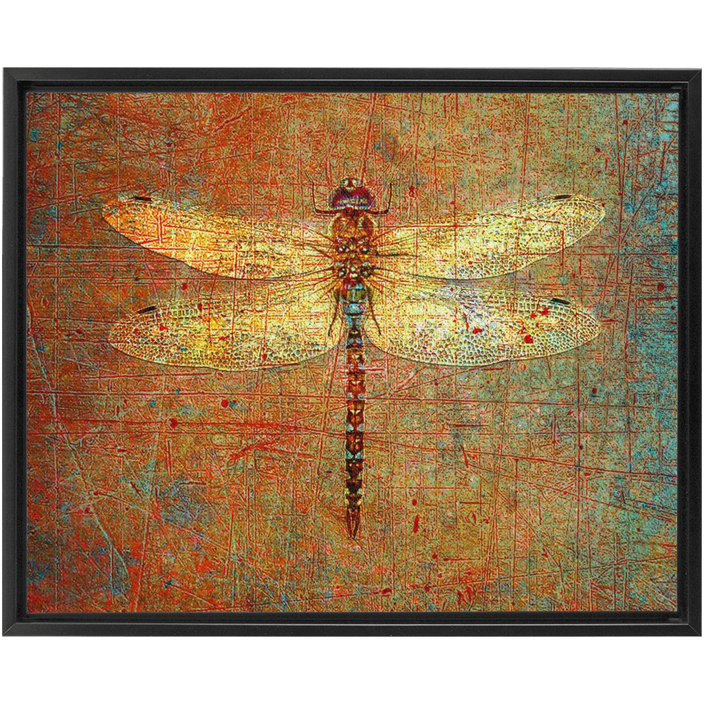 Golden Dragonfly on Distressed Stone Background Floating Frame Canvas