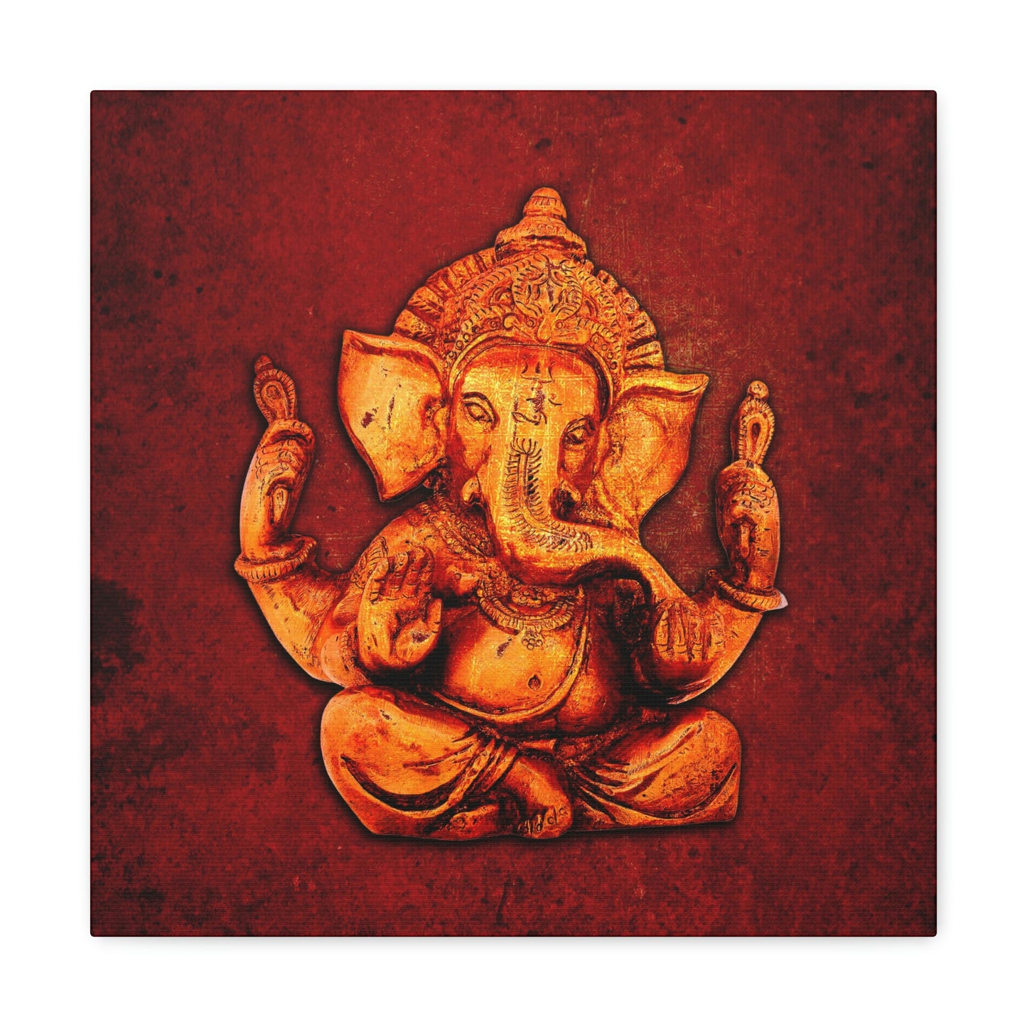 Hinduism Themed Wall Art - Ganesha on a Distressed Lava Red Background Print on Unframed Stretched Canvas