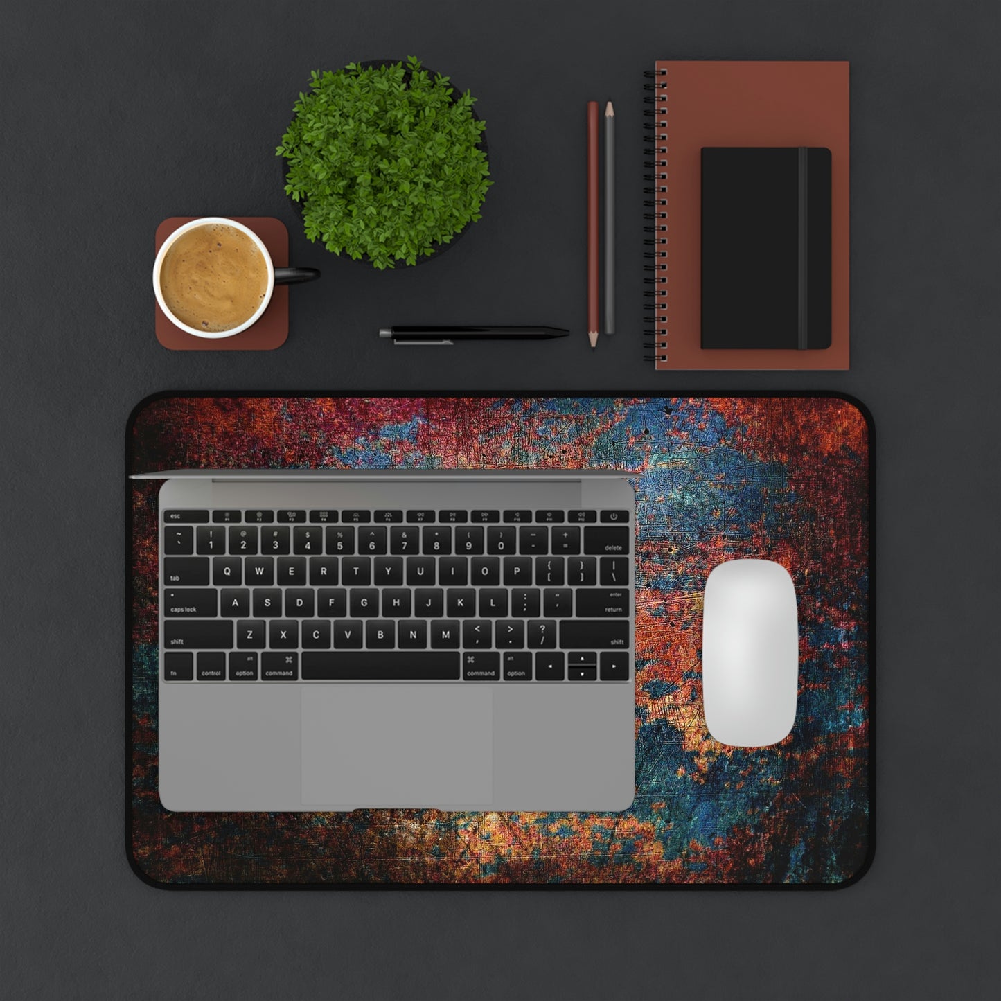 Modern Art Themed Desk Accessories - Rust on Metal Print on Neoprene Desk Mat 12 by 18 in situ