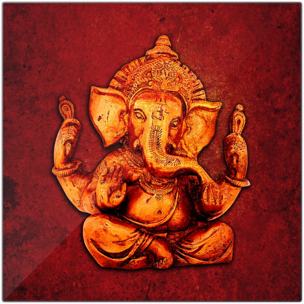 Golden Ganesha on a Distressed Lava Red Background Printed on Recycled Aluminum